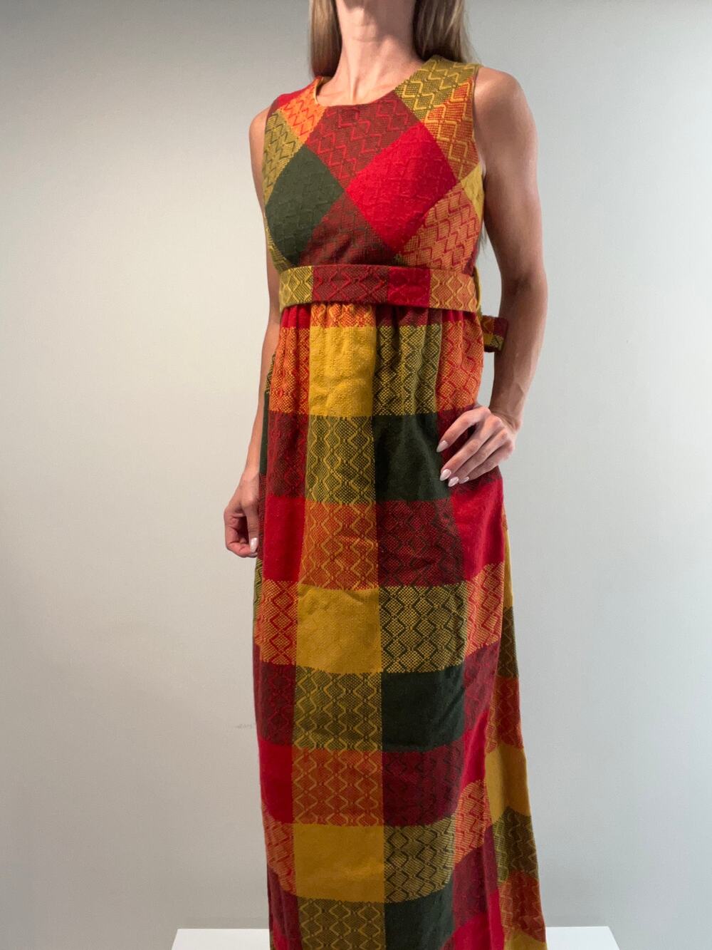 Vintage 1960s-70s Patchwork Plaid Sleeveless Maxi Dress w Belt Red Yellow Sm JL